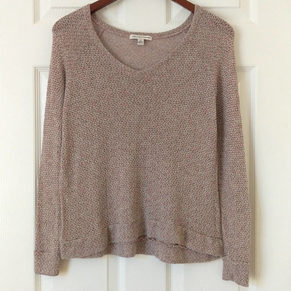 American Eagle Marled Knit Long Sleeve V-neck Sweater Top Mauve Gray Small